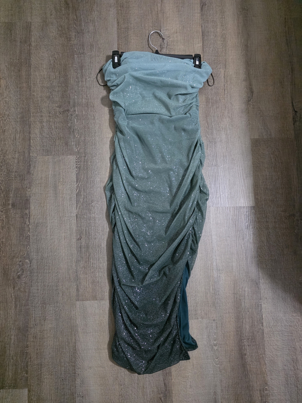 Windsor Strapless Sparkle Ruched Maxi Dress in Teal Green
